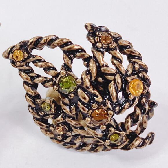 Vintage Signed Avon Gold Tone Leaf Rhinestone Earrings 1970s Autumn Fall Pin - Picture 4 of 9